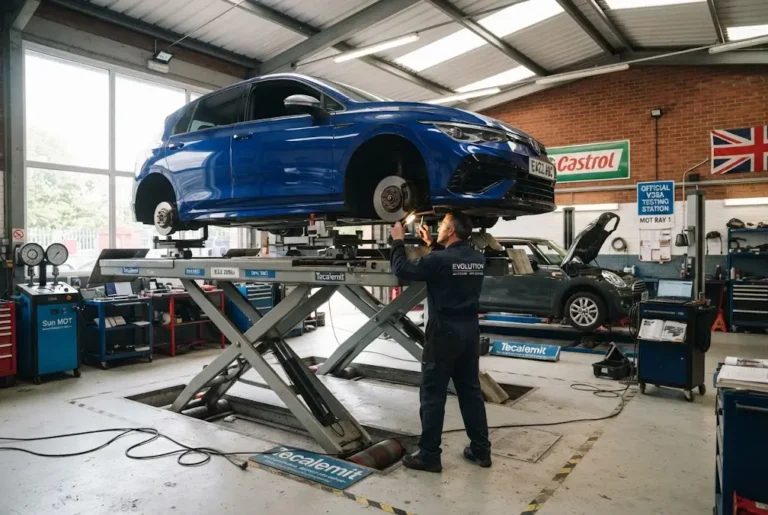 MOT and service inspection of a vehicle in a professional UK garage