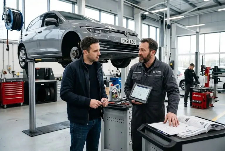 Car service cost discussion with a professional mechanic in a UK garage