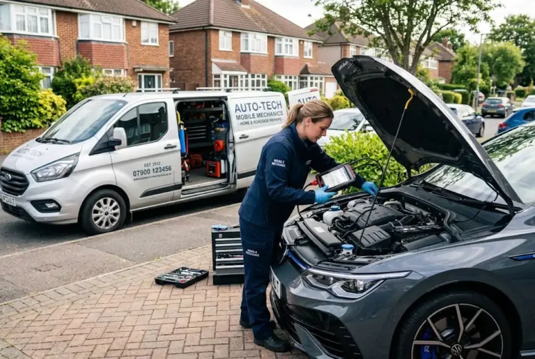 Mobile auto service mechanic performing vehicle diagnostics and servicing