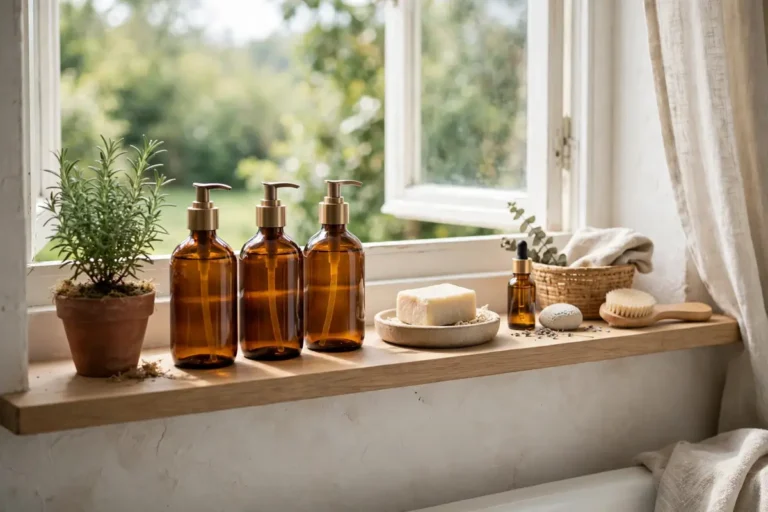 Refillable bottles and natural products illustrating sustainable beauty on a bathroom shelf
